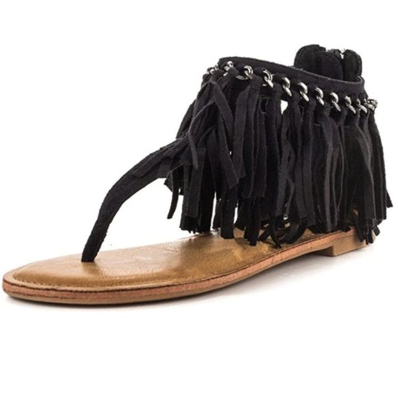 Shoes - YDN  Suede Tassels Metal Chain Sandals